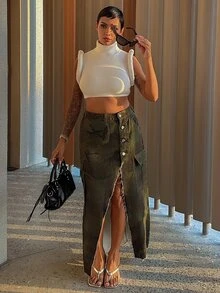Alicia Augustina Women's Camouflage Print High Slit Denim Cargo Skirt - Army Green - View 2