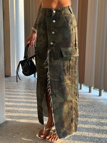 Alicia Augustina Women's Camouflage Print High Slit Denim Cargo Skirt - Army Green - View 6