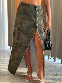 Alicia Augustina Women's Camouflage Print High Slit Denim Cargo Skirt - Army Green - View 5