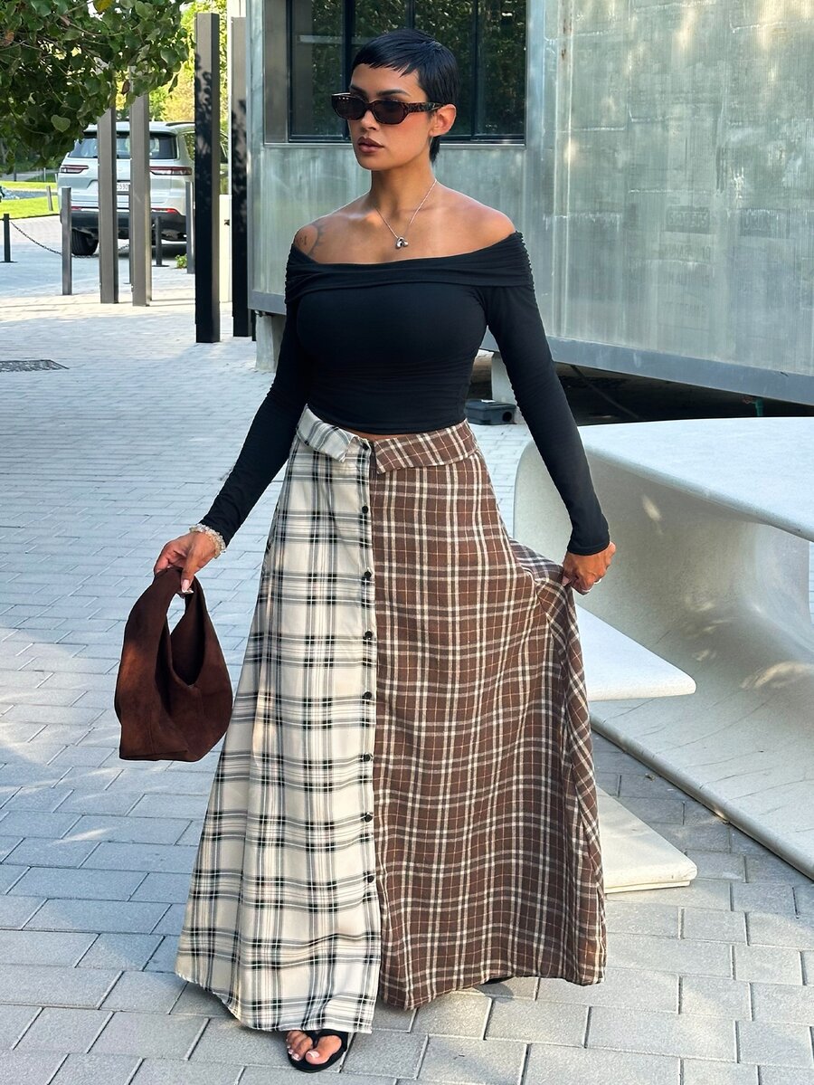 Alicia Augustina Mixed Plaid Button Front Skirt Fashionable Streetwear Fold Over Maxi Skirt, Back To School - Multicolor - View 1