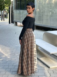 Alicia Augustina Mixed Plaid Button Front Skirt Fashionable Streetwear Fold Over Maxi Skirt, Back To School - Multicolor - View 3