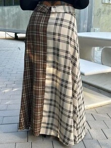 Alicia Augustina Mixed Plaid Button Front Skirt Fashionable Streetwear Fold Over Maxi Skirt, Back To School - Multicolor - View 2