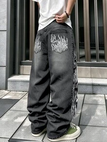 Manfinity Denimwave 男士 Y2K 80年代圖案寬鬆牛仔褲 水洗深灰色丹寧褲 火焰印花 寬腿街頭風嘻哈長褲 秋季哥特演唱會度假電音派對 - 黑色 - 查看 2