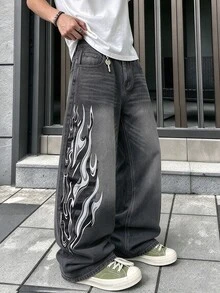 Manfinity Denimwave 男士 Y2K 80年代圖案寬鬆牛仔褲 水洗深灰色丹寧褲 火焰印花 寬腿街頭風嘻哈長褲 秋季哥特演唱會度假電音派對 - 黑色 - 查看 5