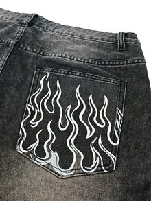 Manfinity Denimwave 男士 Y2K 80年代圖案寬鬆牛仔褲 水洗深灰色丹寧褲 火焰印花 寬腿街頭風嘻哈長褲 秋季哥特演唱會度假電音派對 - 黑色 - 查看 3
