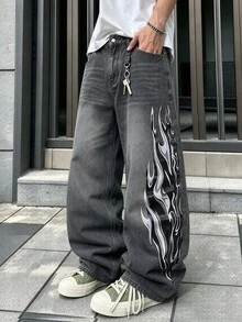 Manfinity Denimwave 男士 Y2K 80年代圖案寬鬆牛仔褲 水洗深灰色丹寧褲 火焰印花 寬腿街頭風嘻哈長褲 秋季哥特演唱會度假電音派對 - 黑色 - 查看 6