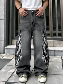 Manfinity Denimwave 男士 Y2K 80年代圖案寬鬆牛仔褲 水洗深灰色丹寧褲 火焰印花 寬腿街頭風嘻哈長褲 秋季哥特演唱會度假電音派對 - 黑色 - 查看 7