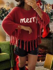 SHEIN Red Merry Letter Fringe Knit Poncho, Christmas Short Cape Sweater - Red - View 3