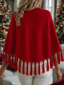 SHEIN Red Merry Letter Fringe Knit Poncho, Christmas Short Cape Sweater - Red - View 2