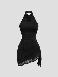 Sweetra New Summer Lace Patchwork Asymmetric Hem Drawstring Tie Design Cowl Neck Backless Elegant Commuter Fashion Mini Dress - Black - View 7