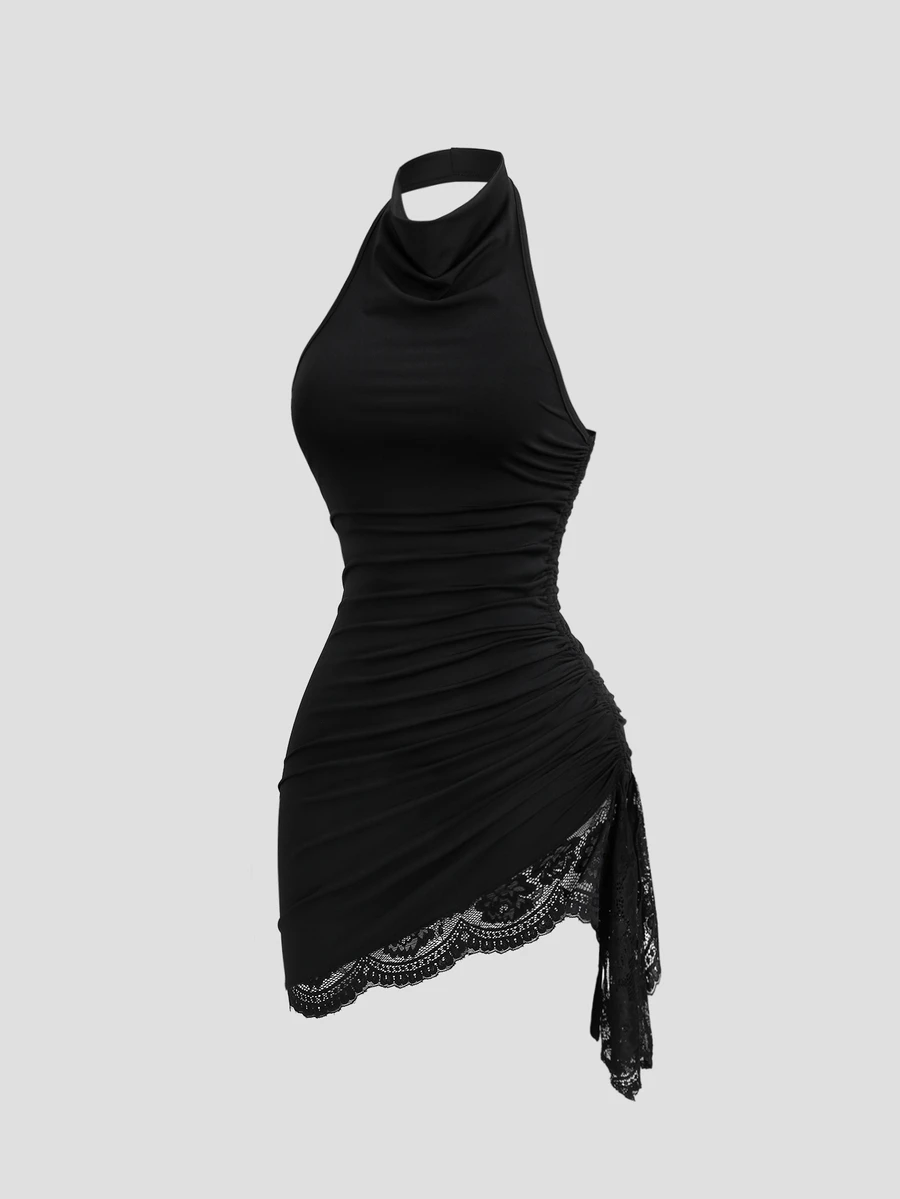 Sweetra New Summer Lace Patchwork Asymmetric Hem Drawstring Tie Design Cowl Neck Backless Elegant Commuter Fashion Mini Dress - Black - View 1