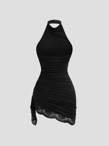 Sweetra New Summer Lace Patchwork Asymmetric Hem Drawstring Tie Design Cowl Neck Backless Elegant Commuter Fashion Mini Dress - Black - View 2