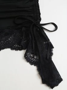 Sweetra New Summer Lace Patchwork Asymmetric Hem Drawstring Tie Design Cowl Neck Backless Elegant Commuter Fashion Mini Dress - Black - View 5