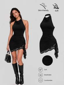Sweetra New Summer Lace Patchwork Asymmetric Hem Drawstring Tie Design Cowl Neck Backless Elegant Commuter Fashion Mini Dress - Black - View 6