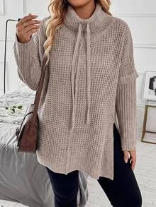 SHEIN CURVE+ Plus-Size US22 Fur-Collar Knitted Slit Top Winter - Pink - View 4