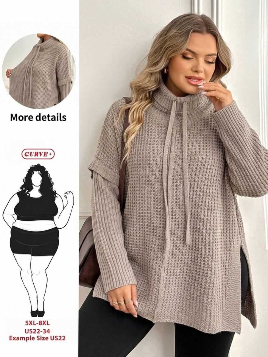 SHEIN CURVE+ Plus-Size US22 Fur-Collar Knitted Slit Top Winter - Pink - View 1