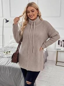 SHEIN CURVE+ Plus-Size US22 Fur-Collar Knitted Slit Top Winter - Pink - View 3