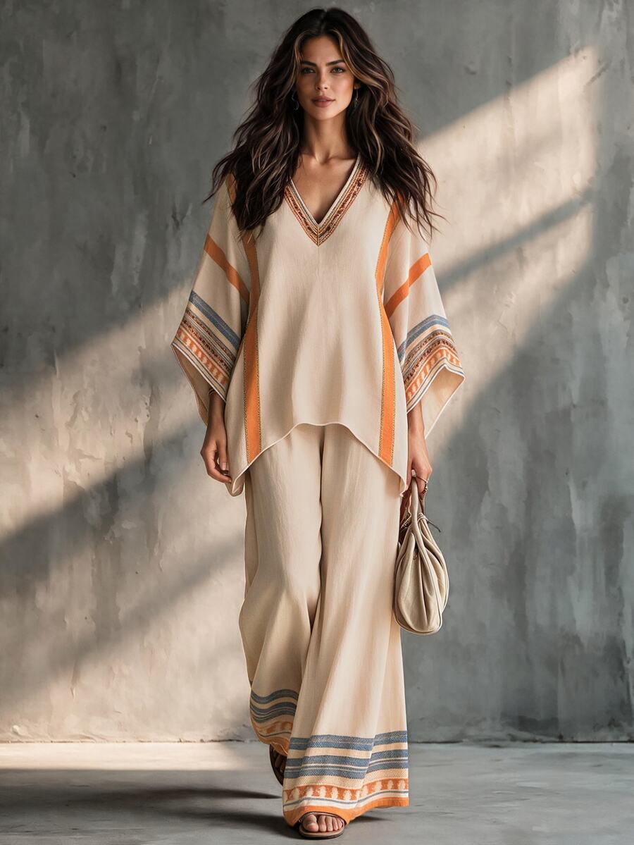 Glimmora Bohemian Striped Colorblock Textured Print Set, Loose V-Neck Batwing Sleeve Top And High-Waist Draped Wide-Leg Pants Two Pieces Set, Casual Outfit For Outdoor Trips And Travel, Plus Size