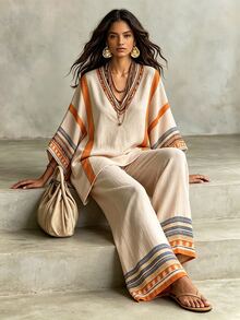 Glimmora Bohemian Striped Colorblock Textured Print Set, Loose V-Neck Batwing Sleeve Top And High-Waist Draped Wide-Leg Pants Two Pieces Set, Casual Outfit For Outdoor Trips And Travel, Plus Size - Multicolor - View 7