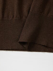 SHEIN Women V Neck Ruffle Trim Knit Top, Long Sleeve Flare Cuff Slim Fit Solid Brown Knitted Shirt - Coffee Brown - View 6