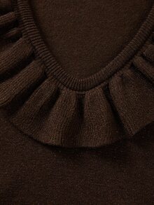 SHEIN Women V Neck Ruffle Trim Knit Top, Long Sleeve Flare Cuff Slim Fit Solid Brown Knitted Shirt - Coffee Brown - View 7