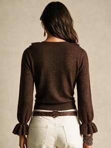 SHEIN Women V Neck Ruffle Trim Knit Top, Long Sleeve Flare Cuff Slim Fit Solid Brown Knitted Shirt - Coffee Brown - View 3