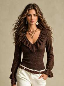 SHEIN Women V Neck Ruffle Trim Knit Top, Long Sleeve Flare Cuff Slim Fit Solid Brown Knitted Shirt - Coffee Brown - View 2
