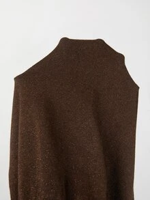 SHEIN Women V Neck Ruffle Trim Knit Top, Long Sleeve Flare Cuff Slim Fit Solid Brown Knitted Shirt - Coffee Brown - View 5