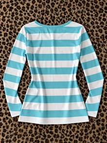 SHEIN Tween Girls Casual Minimalist Kids Blue-Green Striped All-Over Print V-Neck Versatile Slim Fit Long Sleeve T-Shirt, Suitable For Early Autumn - Teal Blue - View 2