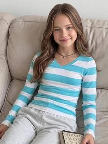SHEIN Tween Girls Casual Minimalist Kids Blue-Green Striped All-Over Print V-Neck Versatile Slim Fit Long Sleeve T-Shirt, Suitable For Early Autumn - Teal Blue - View 1
