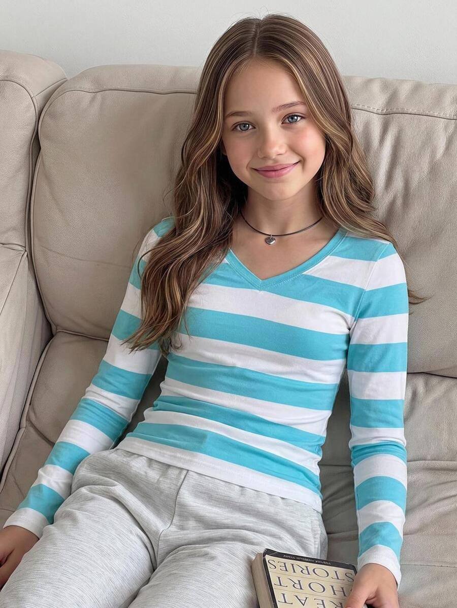 SHEIN Tween Girls Casual Minimalist Kids Blue-Green Striped All-Over Print V-Neck Versatile Slim Fit Long Sleeve T-Shirt, Suitable For Early Autumn - Teal Blue - View 1
