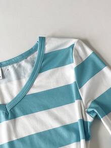 SHEIN Tween Girls Casual Minimalist Kids Blue-Green Striped All-Over Print V-Neck Versatile Slim Fit Long Sleeve T-Shirt, Suitable For Early Autumn - Teal Blue - View 7