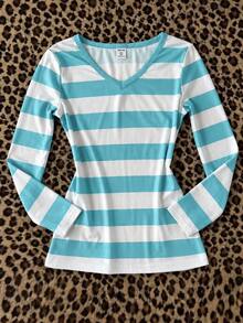 SHEIN Tween Girls Casual Minimalist Kids Blue-Green Striped All-Over Print V-Neck Versatile Slim Fit Long Sleeve T-Shirt, Suitable For Early Autumn - Teal Blue - View 3