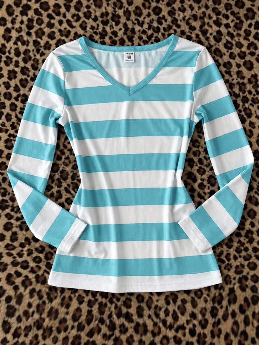 SHEIN Tween Girls Casual Minimalist Kids Blue-Green Striped All-Over Print V-Neck Versatile Slim Fit Long Sleeve T-Shirt, Suitable For Early Autumn - Teal Blue - View 1