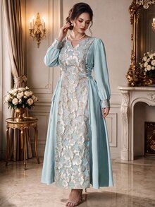 Rometta 大码女式V领拼接长裙，提花面料，3D立体花卉装饰，喇叭袖和收腰设计，适合海滩度假、通勤、派对、情人节、音乐节、母亲节、万圣节、感恩节、复活节、国庆节、新年、约会、圣诞节、婚礼季、秋冬季等各种场合。 - 藍色 - 查看 1