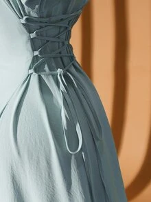 Rometta 大码女式V领拼接长裙，提花面料，3D立体花卉装饰，喇叭袖和收腰设计，适合海滩度假、通勤、派对、情人节、音乐节、母亲节、万圣节、感恩节、复活节、国庆节、新年、约会、圣诞节、婚礼季、秋冬季等各种场合。 - 藍色 - 查看 9