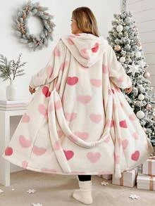 SHEIN CURVE+ Plus Size Women's Heart Pattern Thermal Lined Hooded Long Coat Christmas - Pink - View 6