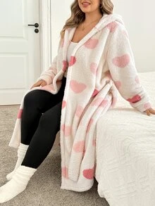 SHEIN CURVE+ Plus Size Women's Heart Pattern Thermal Lined Hooded Long Coat Christmas - Pink - View 2