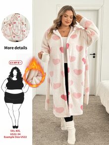 SHEIN CURVE+ Plus Size Women's Heart Pattern Thermal Lined Hooded Long Coat Christmas - Pink - View 4