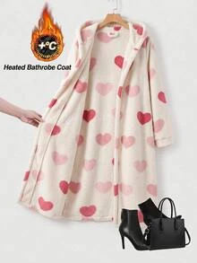 SHEIN CURVE+ Plus Size Women's Heart Pattern Thermal Lined Hooded Long Coat Christmas - Pink - View 5