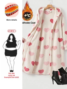 SHEIN CURVE+ Plus Size Women's Heart Pattern Thermal Lined Hooded Long Coat Christmas - Pink - View 1