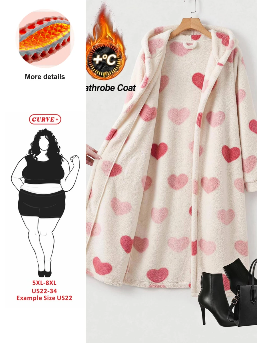 SHEIN CURVE+ Plus Size Women's Heart Pattern Thermal Lined Hooded Long Coat Christmas - Pink - View 1