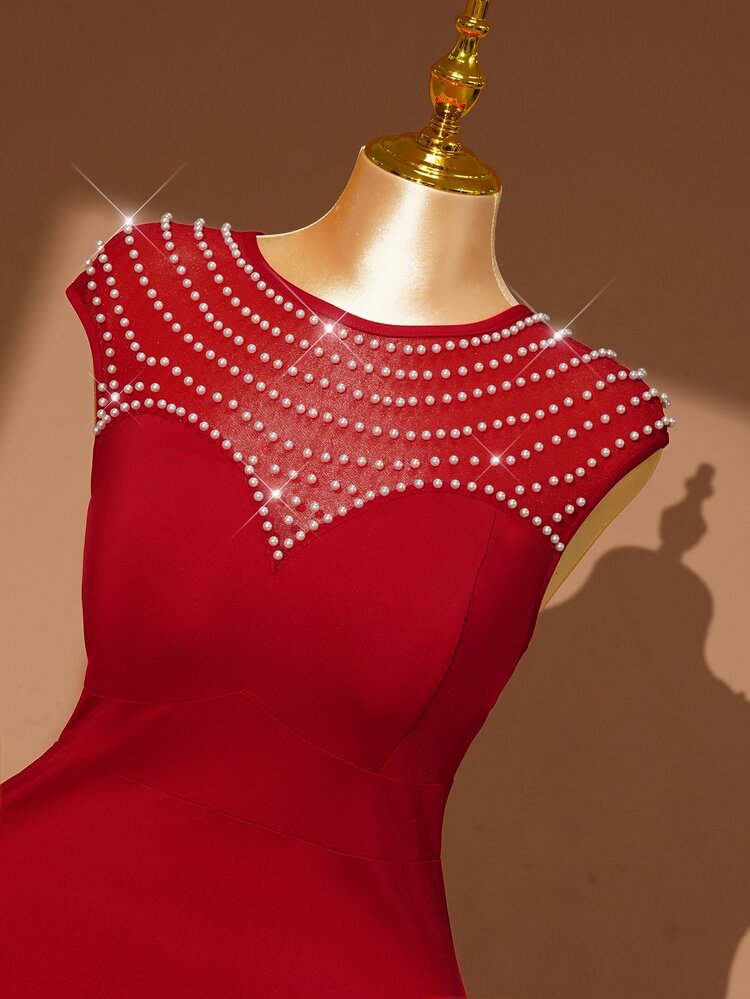 DreamSkyne Plus Size Mesh Patchwork Bubble Bead Dress, Elegant Party Evening Gown With Mesh Decor - Red - View 6