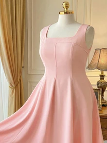 Rometta Plus Size Women's Elegant Brown French Style Square Neck A-Line Dress, Summer Formal Tea Party Waist Cinched Puff Sleeve Dress For Weddings, Dates - Pink - View 3