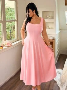 Rometta Plus Size Women's Elegant Brown French Style Square Neck A-Line Dress, Summer Formal Tea Party Waist Cinched Puff Sleeve Dress For Weddings, Dates - Pink - View 4