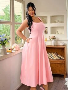 Rometta Plus Size Women's Elegant Brown French Style Square Neck A-Line Dress, Summer Formal Tea Party Waist Cinched Puff Sleeve Dress For Weddings, Dates - Pink - View 6