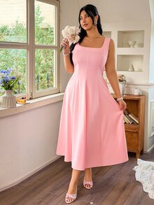 Rometta Plus Size Women's Elegant Brown French Style Square Neck A-Line Dress, Summer Formal Tea Party Waist Cinched Puff Sleeve Dress For Weddings, Dates - Pink - View 9