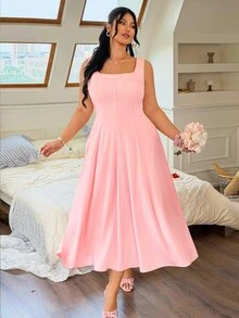 Rometta Plus Size Women's Elegant Brown French Style Square Neck A-Line Dress, Summer Formal Tea Party Waist Cinched Puff Sleeve Dress For Weddings, Dates - Pink - View 5