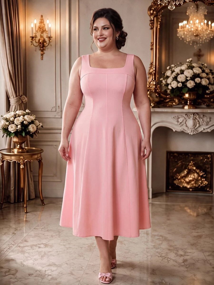 Rometta Plus Size Women's Elegant Brown French Style Square Neck A-Line Dress, Summer Formal Tea Party Waist Cinched Puff Sleeve Dress For Weddings, Dates - Pink - View 1