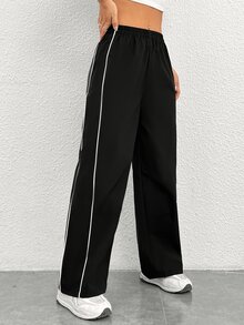SHEIN PETITE 側邊對比色直筒長褲，適合嬌小女性 - 黑色 - 查看 6